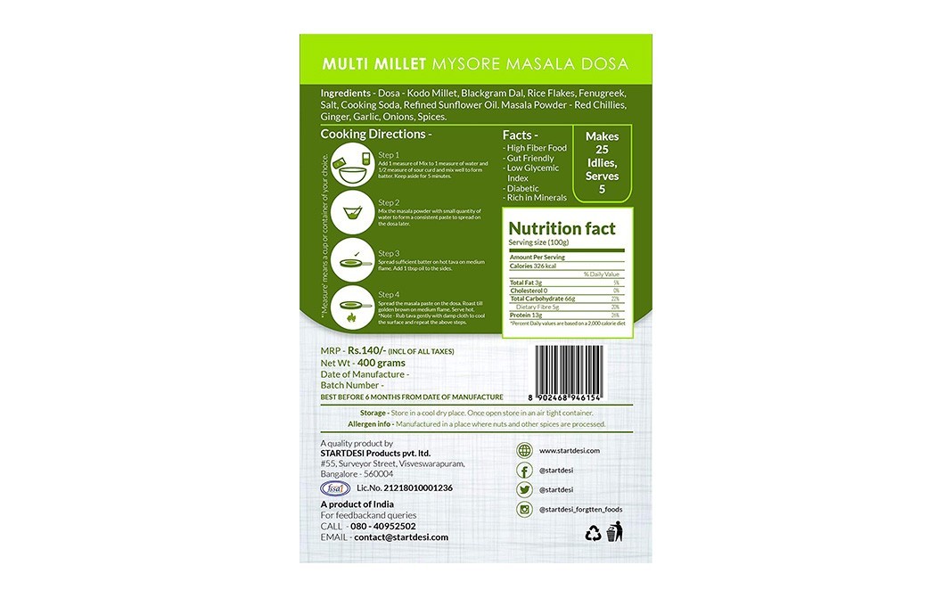 Forgotten Foods Multi Millet Mysore Masala Dosa   Pack  400 grams